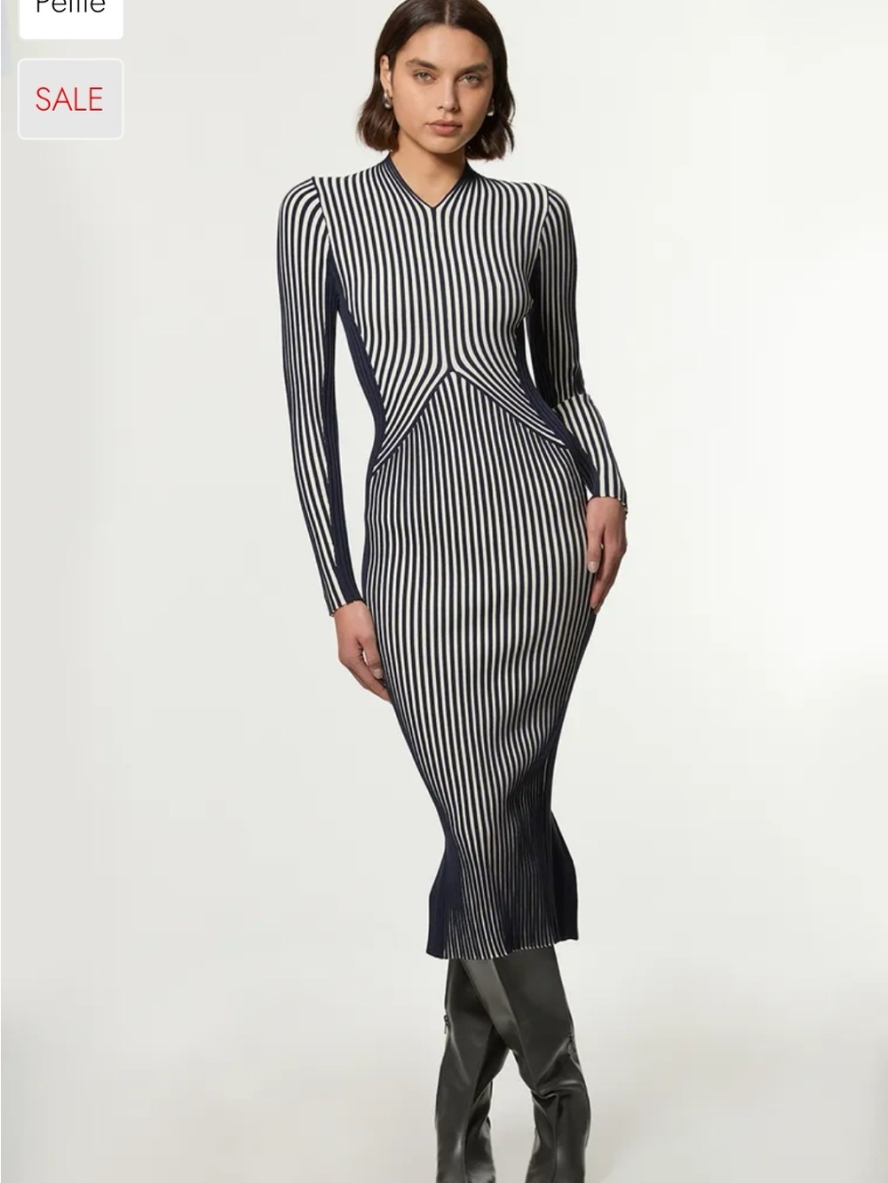 Karen Millen Navy and White Long Sleeve Ribbed Midi Dress